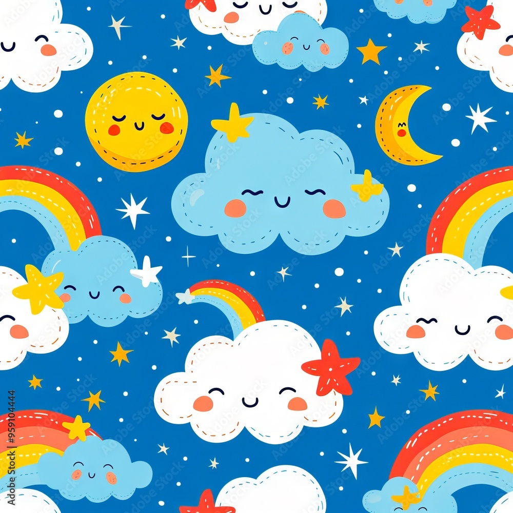 custom made wallpaper toronto digitalA pattern of clouds stars moon and rainbows on a blue background
