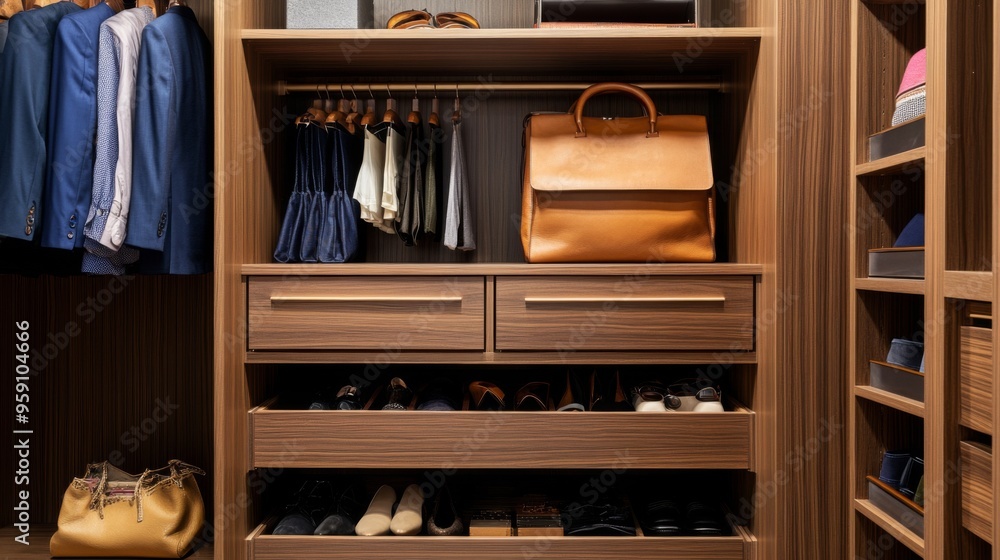 A detailed shot of a wardrobe interior with custom storage solutions for shoes, bags, and accessories, illustrating a practical and well-designed storage system A detailed shot of a wardrobe interior with custom storage solutions for shoes, bags, and accessories, illustrating a practical and well-designed storage system