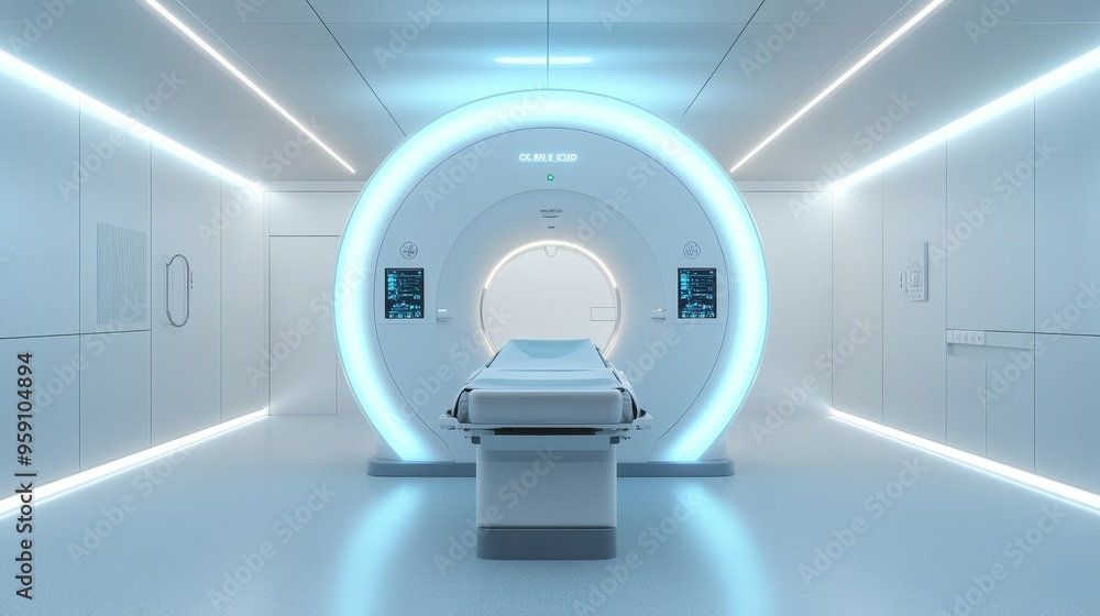Fototapeta premium A modern, sterile MRI room with a sleek, white MRI machine and a patient table. The room is lit with bright, white lights and has a futuristic feel. This image symbolizes advanced technology, healthca
