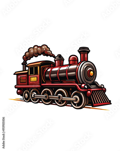 Editable stroke vector illustration of a vintage red steam locomotive with smoke.