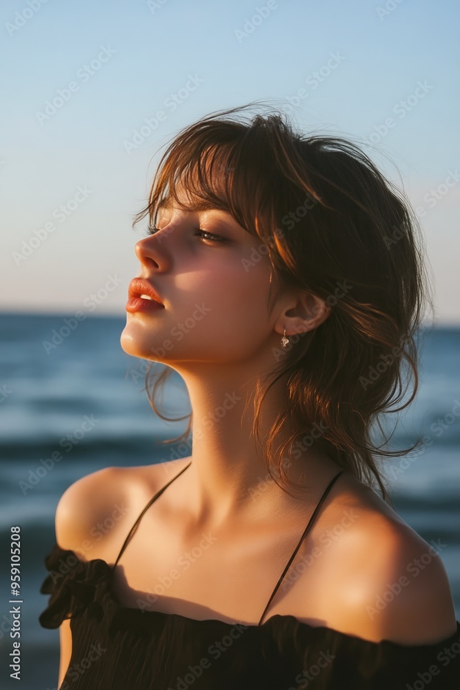 Refined Female Figure Against Ocean Scene Refined Female Figure Against Ocean Scene