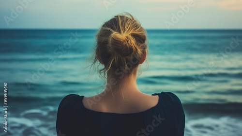 Contemplative Backview of Woman at Beach