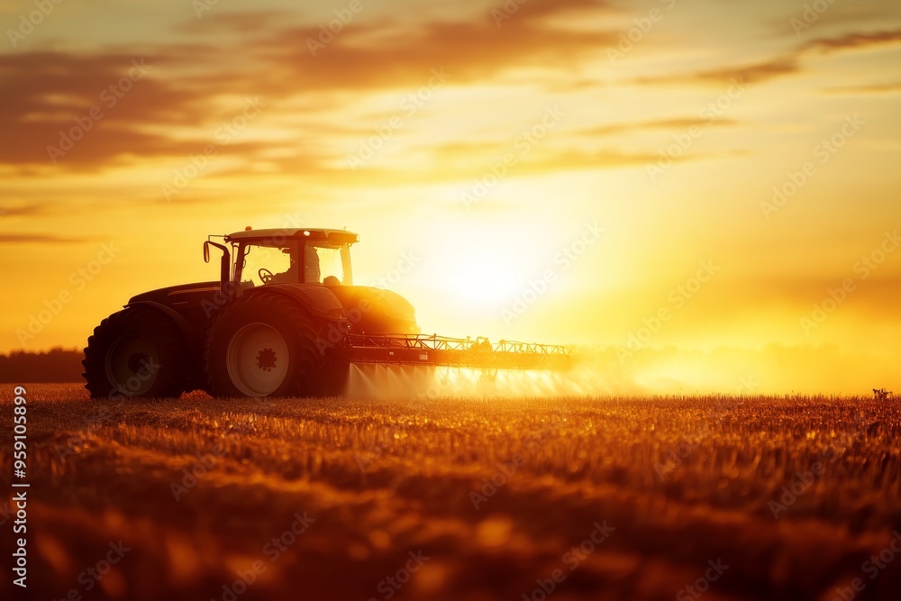 A powerful tractor sprays a field at sunset, casting a golden glow over the landscape. The silhouette of the tractor against the vibrant sky symbolizes hard work, agricultural progress, and the beauty A powerful tractor sprays a field at sunset, casting a golden glow over the landscape. The silhouette of the tractor against the vibrant sky symbolizes hard work, agricultural progress, and the beauty