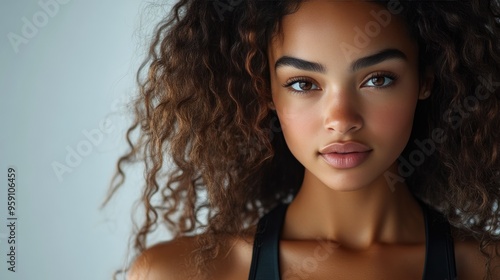 Close-Up of Sporty Brunette Woman with Dark Skin, Studio Lighting