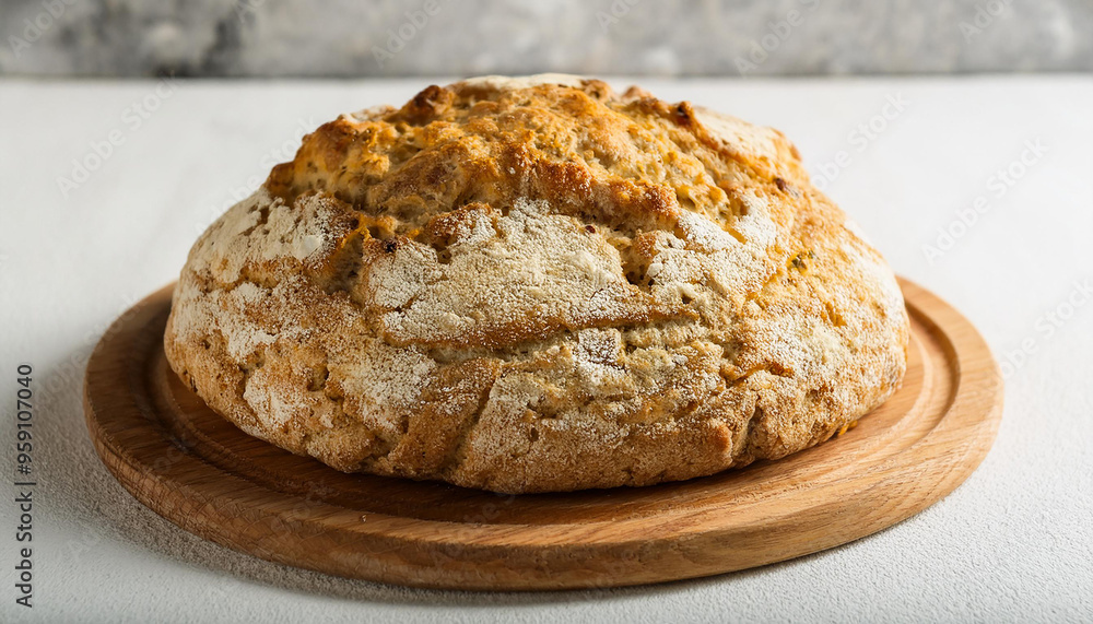 Irish soda bread, crusty loaf on wooden board. Tasty food. Delicious pastry. Fresh baked. Close-up. Irish soda bread, crusty loaf on wooden board. Tasty food. Delicious pastry. Fresh baked. Close-up.