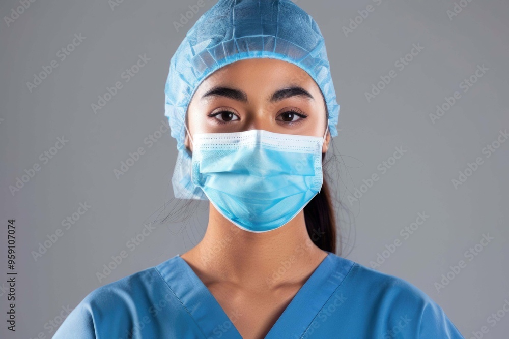 Young female nurse at camera wearing surgical mask and scrubs Young female nurse at camera wearing surgical mask and scrubs