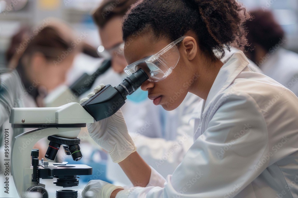Young scientists conducting research investigations in a medical laboratory, a researcher in the foreground is using a microscope Young scientists conducting research investigations in a medical laboratory, a researcher in the foreground is using a microscope