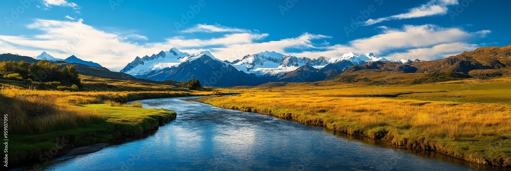 A serene river meanders through a lush valley, with majestic snow-capped mountains rising in the distance. The vibrant colors of autumn foliage and the clear blue sky create a breathtaking natural sce A serene river meanders through a lush valley, with majestic snow-capped mountains rising in the distance. The vibrant colors of autumn foliage and the clear blue sky create a breathtaking natural sce
