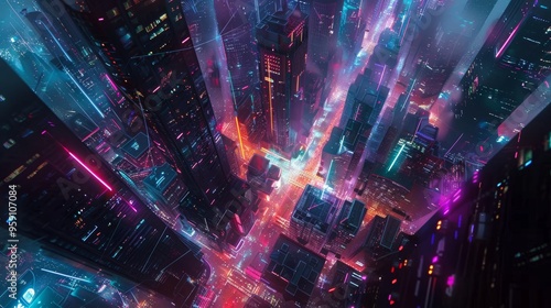 Surreal futuristic cityscape  a neon illuminated mindscape with glowing effects in dark space photo