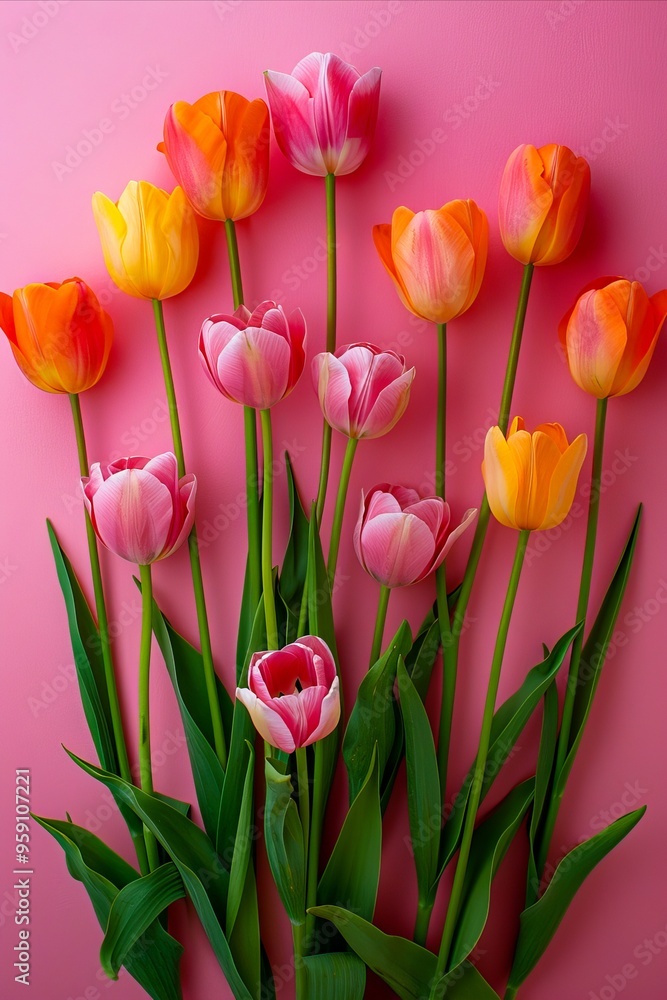Fototapeta premium A bunch of pink and yellow tulips on a pink background