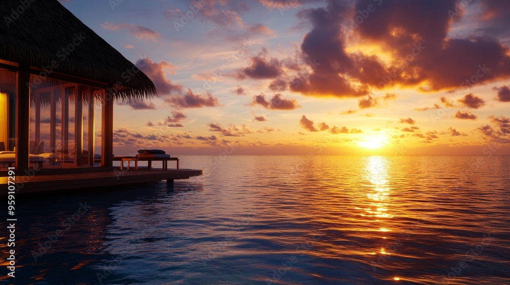 A serene water villa with a thatched roof stands on stilts in the turquoise ocean, bathed in the warm glow of a breathtaking sunset. The sky is ablaze with vibrant hues of orange, pink, and purple, wh A serene water villa with a thatched roof stands on stilts in the turquoise ocean, bathed in the warm glow of a breathtaking sunset. The sky is ablaze with vibrant hues of orange, pink, and purple, wh
