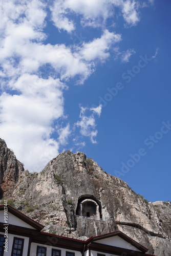 The King Rock Tombs Amasya, Turkey, vertical. Pontus Kralları Kaya Mezarlığı, Amasya.