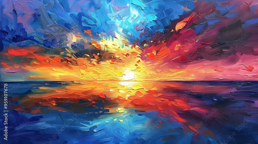 Fototapeta premium Sunset Over the Ocean: A breathtaking sunset over the ocean, with the sky painted in vibrant colors reflecting on the water. 