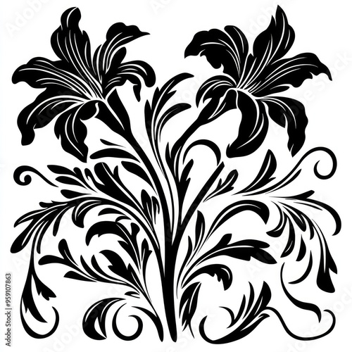 Flowers For Stencils. Art Nouveau Style Ornate Decorative Stylized Lily and Leaf Elements