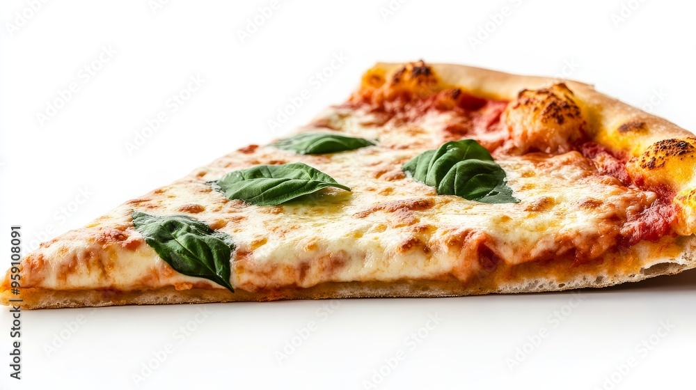 A single slice of pizza with melted cheese, tomato sauce, and fresh basil leaves. The pizza is perfectly cooked and the cheese is gooey and bubbly. The basil leaves add a touch of freshness and flavor A single slice of pizza with melted cheese, tomato sauce, and fresh basil leaves. The pizza is perfectly cooked and the cheese is gooey and bubbly. The basil leaves add a touch of freshness and flavor
