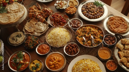 A festive Indian banquet with an array of traditional dishes such as biryani, kebabs, curries, and sweets, arranged on a grand table