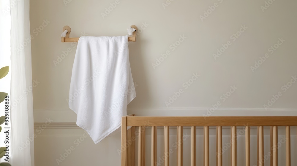 A soft white muslin blanket hangs gently on a wooden crib rail in a minimalist nursery. This delicate fabric is perfect for swaddling, cuddling, and keeping baby warm and comfortable. The neutral colo A soft white muslin blanket hangs gently on a wooden crib rail in a minimalist nursery. This delicate fabric is perfect for swaddling, cuddling, and keeping baby warm and comfortable. The neutral colo