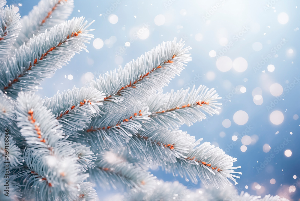 Fir branch covered with frost on a defocused winter background Fir branch covered with frost on a defocused winter background