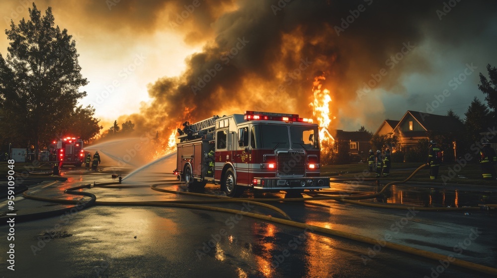 A fire truck and emergency personnel at the scene of a large fire, with hoses spraying water to control the blaze and smoke billowing around A fire truck and emergency personnel at the scene of a large fire, with hoses spraying water to control the blaze and smoke billowing around