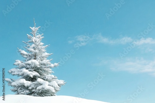 A solitary snow-covered Christmas tree stands tall against a bright blue sky. The tree's branches are laden with fluffy white snow, symbolizing peace, tranquility, and the beauty of winter. The blue s photo