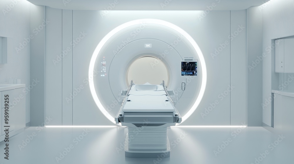 A state-of-the-art MRI machine in a sterile, modern medical facility. The sleek design and advanced technology represent the latest in medical imaging. The room is clean and bright, creating a calming A state-of-the-art MRI machine in a sterile, modern medical facility. The sleek design and advanced technology represent the latest in medical imaging. The room is clean and bright, creating a calming