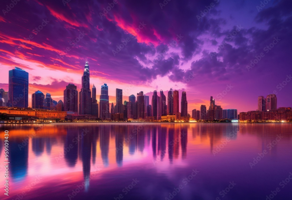 Obraz premium vibrant city skyline twilight showcasing stunning lights glowing buildings colorful evening sky, architecture, cityscape, skyscrapers, urban, landscape
