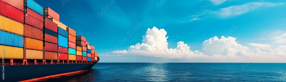 Fototapeta premium A vibrant cargo ship with colorful containers sailing on a tranquil sea under a clear blue sky.
