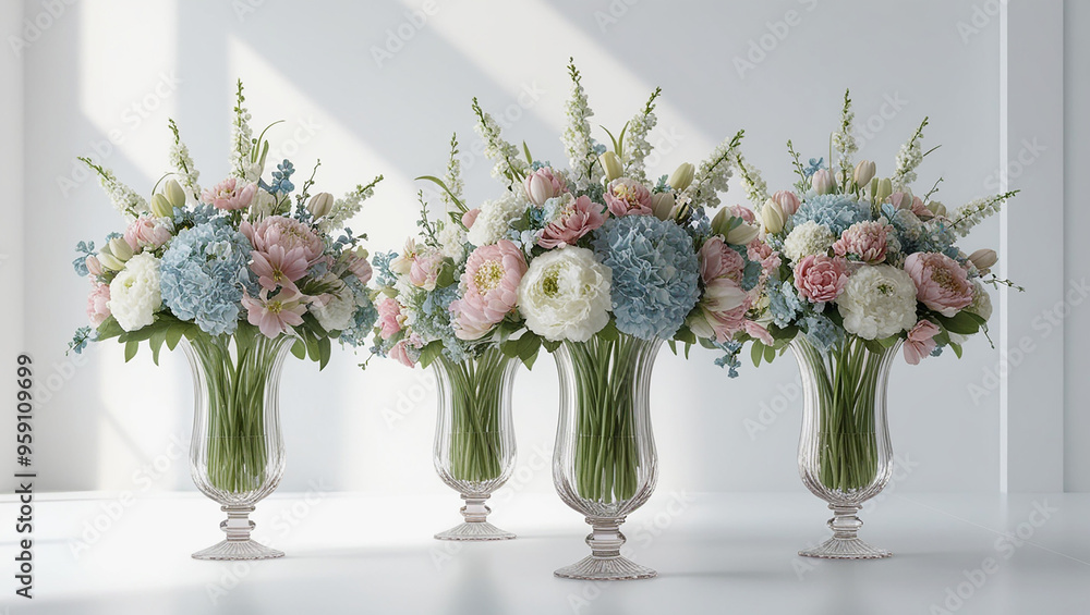 Fototapeta premium Set of spring bunch flowers in glass vases, isolated on white background.