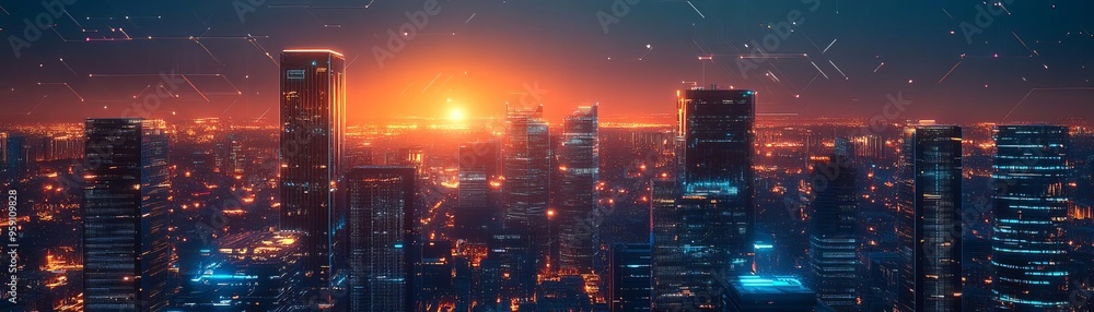 Fototapeta premium A vibrant city skyline at sunset, showcasing glowing skyscrapers and colorful lights against a deep blue sky.