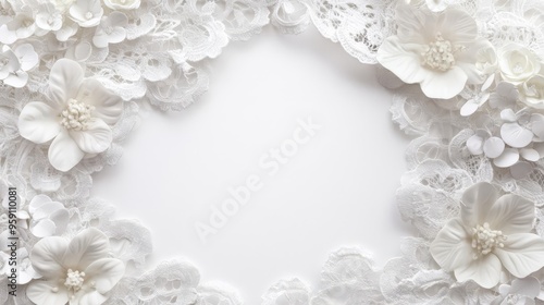 Elegant white floral lace border with intricate patterns and delicate flowers, perfect for wedding invitations or romantic designs.