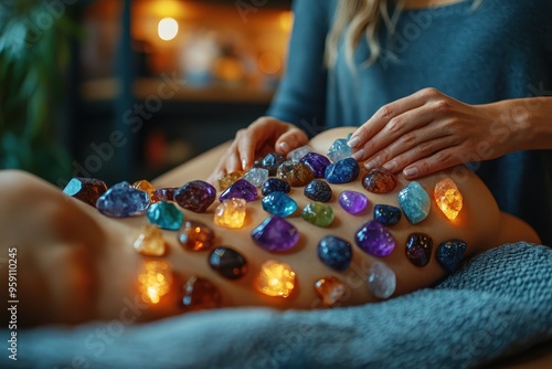 A crystal healer placing stones on a client’s body, highlighting the use of crystals in balancing energy and promoting wellness. photo