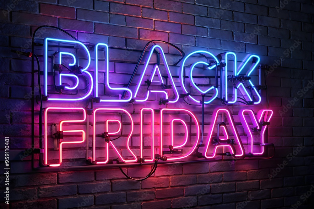 3D neon Black Friday letters glowing in vibrant pink and blue, mounted on a dark brick wall. Great for modern retail advertisements, promotions, and e-commerce banners.