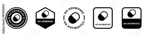 No hormones, no antibiotics - vector signs for product labeling.