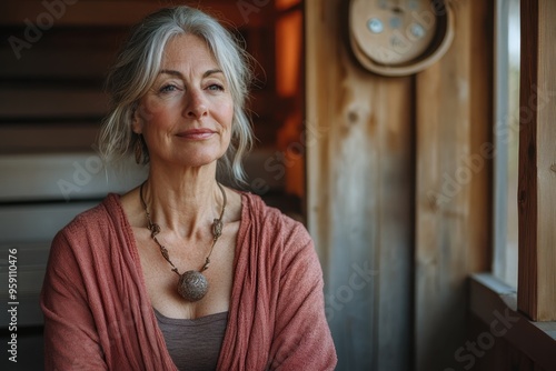 A mature woman sitting in a sauna, practicing breathing exercises, capturing the detoxifying and relaxing benefits of heat therapy. photo