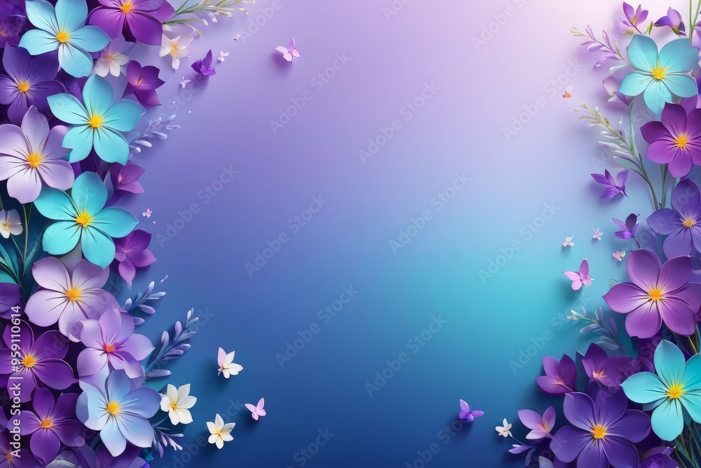 Floral frame with purple and blue flowers and butterflies on a blue and purple gradient background. Floral frame with purple and blue flowers and butterflies on a blue and purple gradient background.