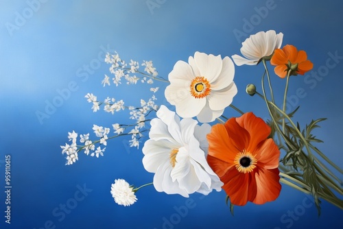 A vibrant bouquet of white and orange flowers arranged against a blue sky backdrop. The white flowers symbolize purity, innocence, and new beginnings, while the orange flower represents passion, warmt photo