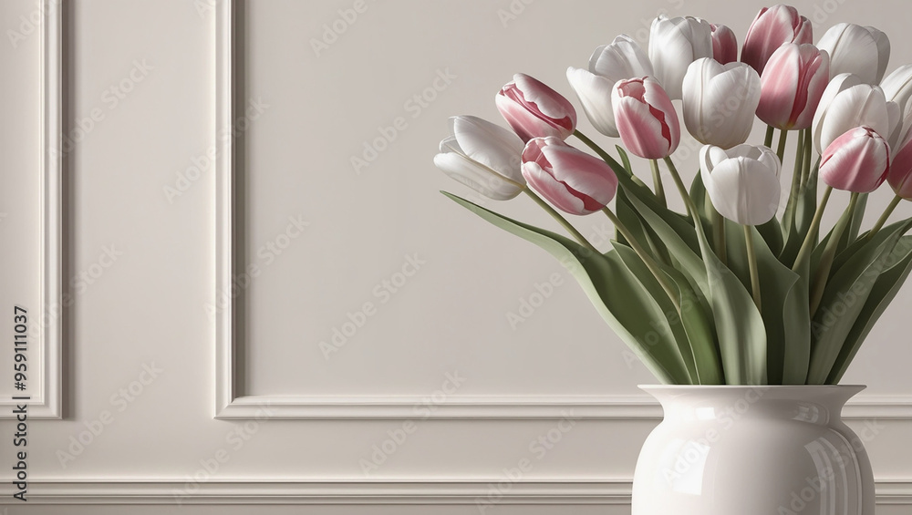 White and pink tulips in white vase on background wall stock photo White and pink tulips in white vase on background wall stock photo