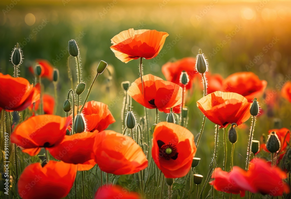 Fototapeta premium vibrant poppy field bathed soft morning glow bright red flowers refreshing greenery, bloom, nature, landscape, sunlight, beauty, outdoor, botanical, petal