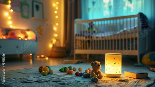 A glowing night lamp illuminates a child's bedroom, scattered with toys, creating a peaceful bedtime atmosphere filled with warmth and comfort. 