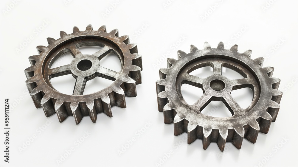 A Pair of Old Rusty Metal Gears Isolated on a White Background with Sharp Teeth and Rough Cast Iron Texture A Pair of Old Rusty Metal Gears Isolated on a White Background with Sharp Teeth and Rough Cast Iron Texture