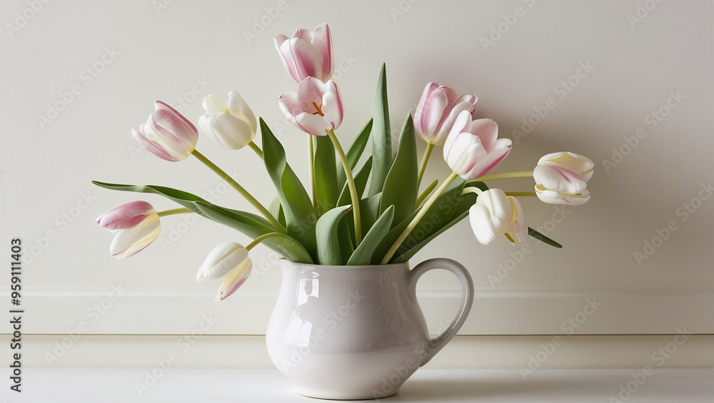 Fototapeta premium White and pink tulips in white vase on background wall stock photo