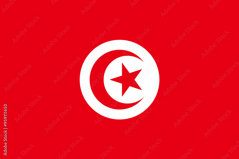 National Flag Republic of Tunisia - vector, red field with a centered white sun-disc containing a red five-pointed star surrounded by a red crescent National Flag Republic of Tunisia - vector, red field with a centered white sun-disc containing a red five-pointed star surrounded by a red crescent