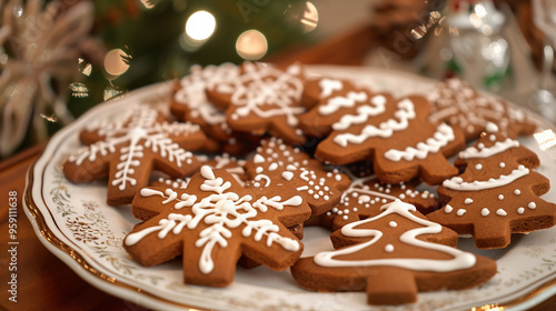 A festive plate of gingerbread cookies decorated with white icing, captured against the soft bokeh of Christmas tree lights. A perfect visual for holiday and Christmas-themed content. 