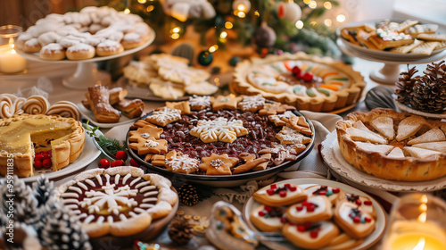 A festive table filled with an array of traditional Christmas baked goods and cookies, ideal for holiday, food, or Christmas celebration themes.