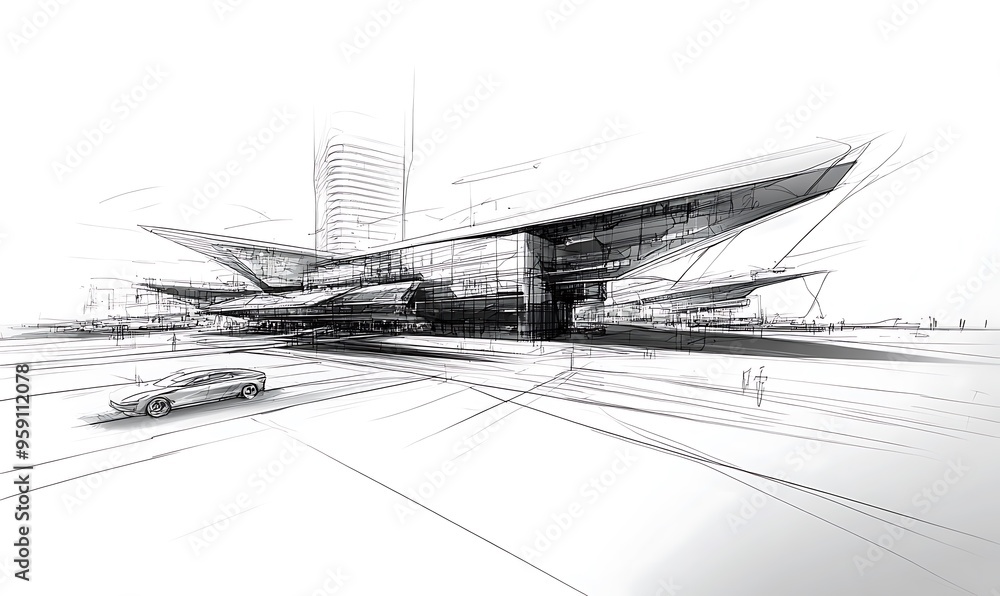 Sketch of a Modern Building with a Car in Front Sketch of a Modern Building with a Car in Front