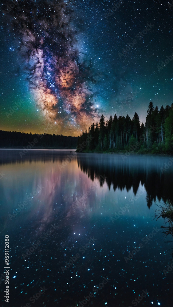a night sky filled with stars over a calm, reflective lake. a night sky filled with stars over a calm, reflective lake.