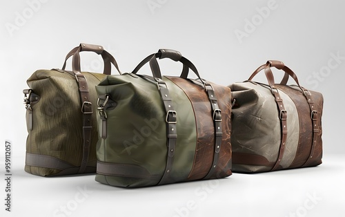 A high-resolution 3D render of three mena??s duffle bags in brown and green leather and canvas fabrics, isolated against a white background. photo