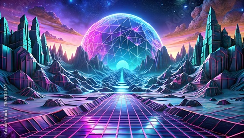 A stunning futuristic digital landscape with towering geometric mountains and a large glowing dome. The sci-fi terrain is illuminated by vibrant neon colors, evoking a sense of surreal, high-tech expl photo