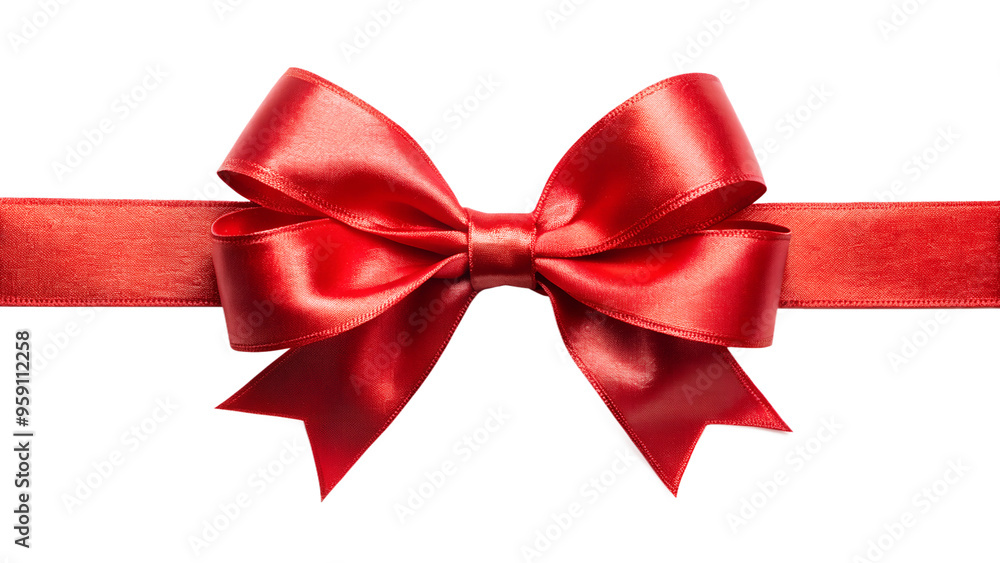 Fototapeta premium Shiny red satin ribbon tied into a bow, isolated on a transparent background. Ideal for gift wrapping, holiday decoration, and event design. High resolution and detailed clipart.