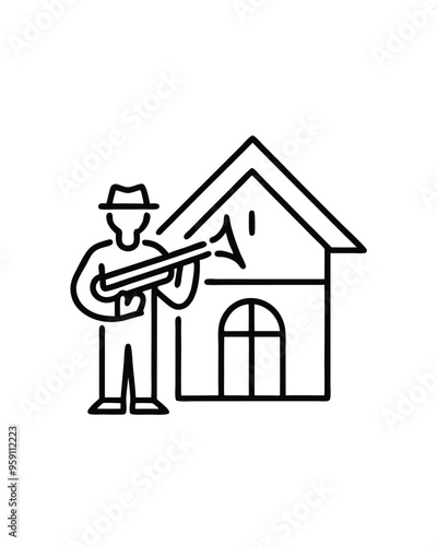 Editable stroke vector illustration of a jazz trumpeter playing in front of a house.